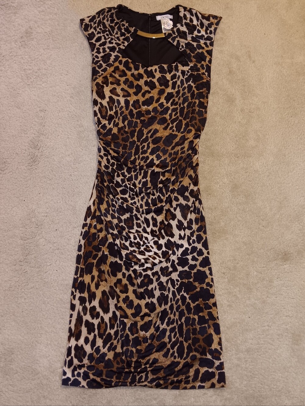 Vtg Cache Leopard-Print Cap Sleeve Bodycon Midi Dress Cutout Neckline Sz 2